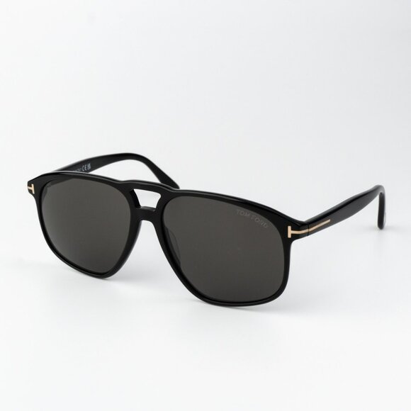 Tom Ford Men Sunglasses Shiny Black Smoke Pilot PIERRE FT100001A BRAND NEW